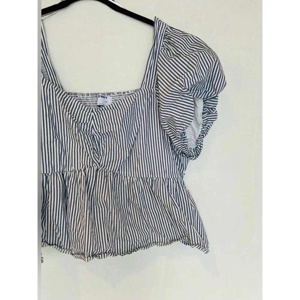 Old Navy Coastal Puff Sleeve Peplum Top XXL Cotton Striped Blue White Smocked